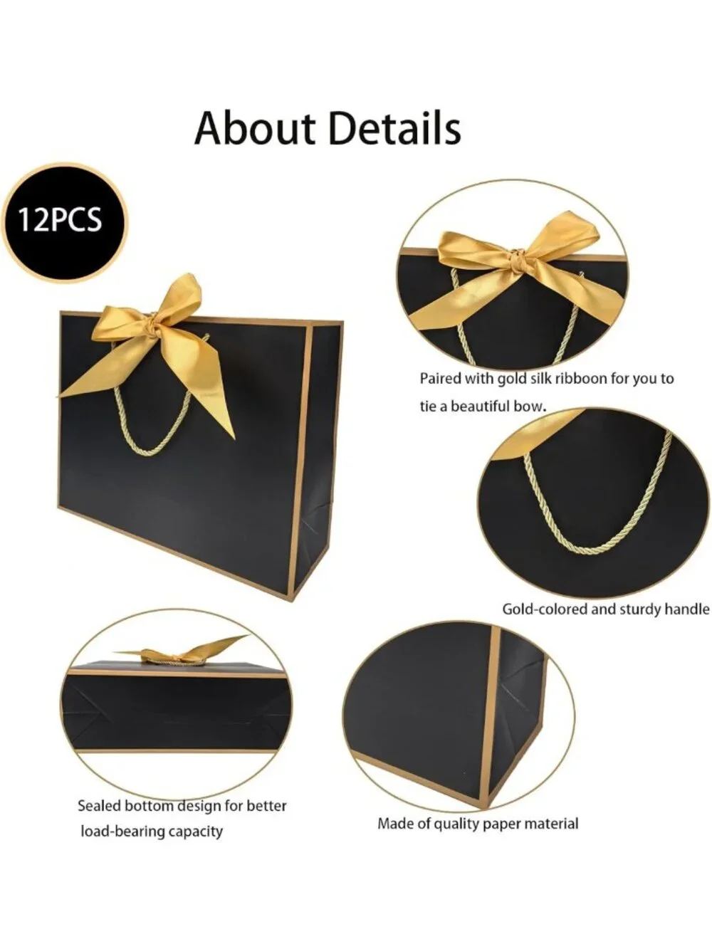 12PCS Medium Gift Bags with Handles - Black Gold Thank You Bags for Weddings